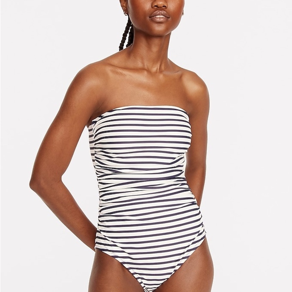 NWT j crew ruched bandeau one-piece swimsuit navy white stripe 16